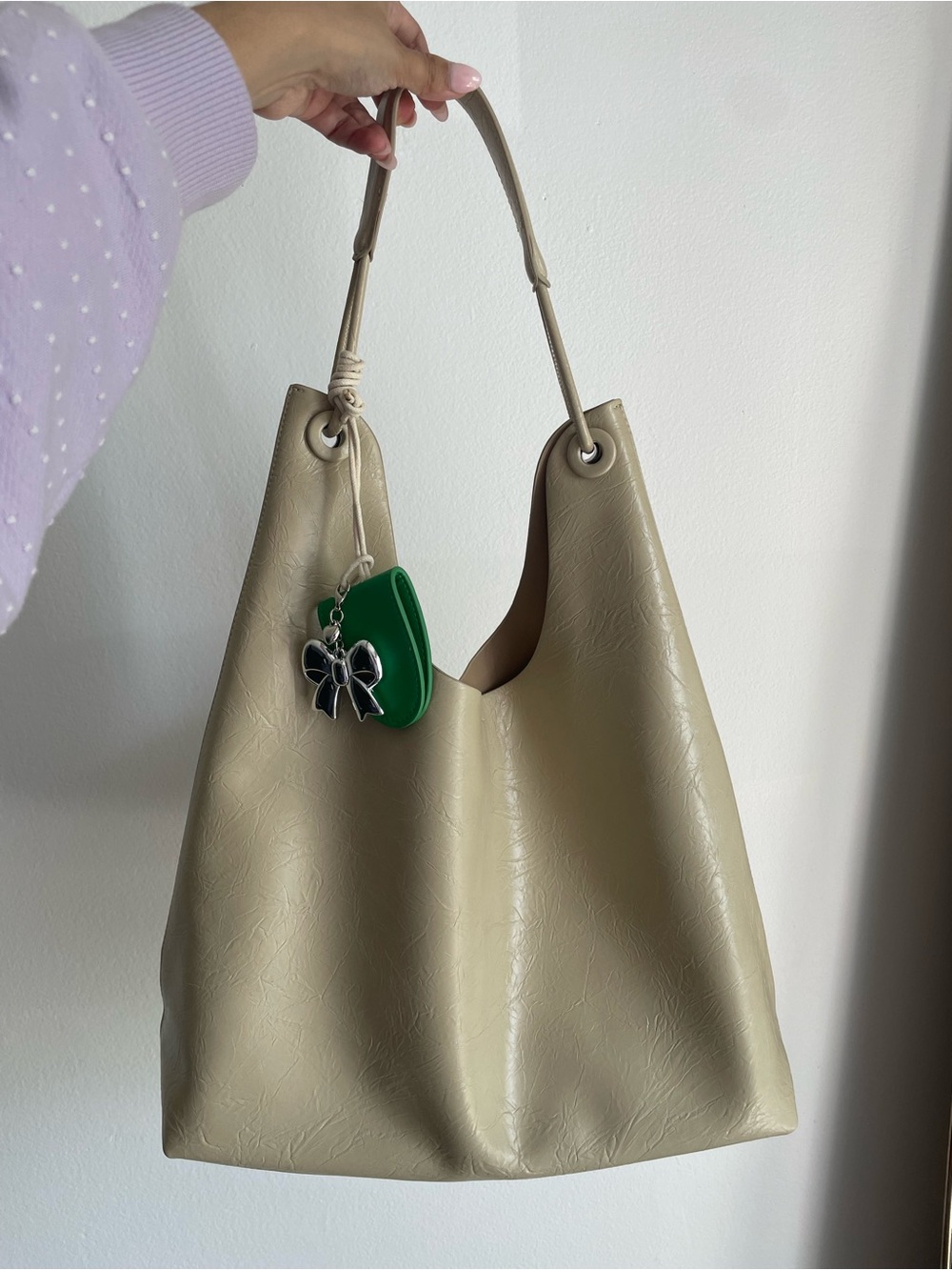 Large Slouchy Taupe Hobo Tote Bag with Matching Zip Pouch & Bow Charm